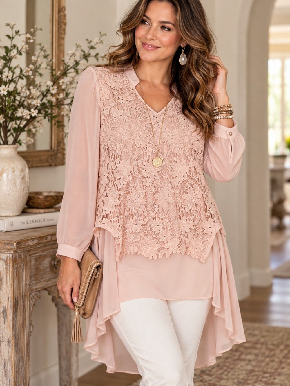 Women's XL Blush Pink Floral Lace Chiffon High Low Tunic Blouse Long Sleeve Chic